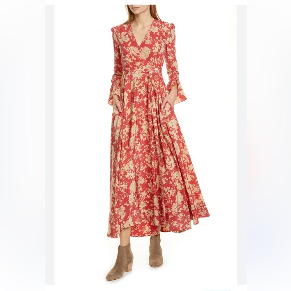 Floral V-Neck Maxi Wrap Dress in Coral and Cream